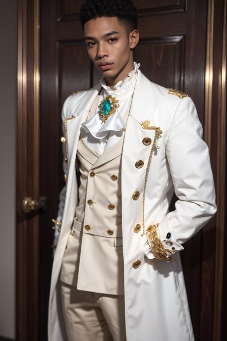 masterpiece,1boy, buttons, solo, white_gloves, shirt, long_sleeves, jewelry, closed_mouth, standing, jacket, white_shirt, male_focus, cowboy_shot, frills, pants, indoors, dark_skin, lips, coat, black_pants, white_jacket, brooch, gem, facing_viewer, arm_at_side, gold_trim, hand_in_pocket, realistic, door, arms_at_sides, head_out_of_frame, white_coat, double-breasted, Princecore, outfit<lora:Princecore:0.8:OUTD>