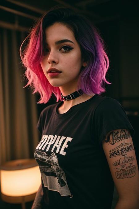 (analog photo:1.1), (excited punk scene girl:1.15),  brown short curly hair, (black t-shirt:1.15), (25 years old:1.2), petite, medium sized breasts, (pubic hair:1.1), choker, blue eyeliner, european, cozy bedroom, (neon glow, cyberpunk:1.2), waves, warm colors, (inviting expression:1.05), RAW Photograph, dslr, soft lighting, high quality, film grain, Fujifilm XT3, (nsfw:1.1), insane details, masterpiece, 8k, 35mm photograph, dslr, kodachrome, vignette, vintage, Kodachrome, Lomography, stained, highly detailed, found footage