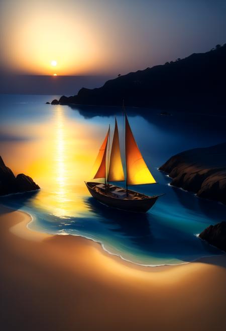 Tilt-shift photo of Tilt-shift photo of (watercolor painting:1.3) sunset,high tide,golden sand,calm sea,colored clouds,rays of light break through the clouds,in the reflection of light on the water,a sailing boat is a fish,the sea shimmers with bright colors. vibrant,beautiful,painterly,detailed,textural,artistic,lucid,<lora:more_details:1>,