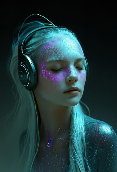 The image is a highly detailed digital artwork created in a photorealistic CGI style, featuring a stylized humanoid figure with a futuristic, ethereal appearance. The subject is a woman with an elongated, almost androgynous face, characterized by a smooth, pale, almost ghostly complexion with a slight blue tint. Her hair, long and flowing, is an iridescent white, seemingly made of a luminescent material, which appears to be flowing and dynamic, as if caught in a gentle breeze.
The woman's face and hair are adorned with a fine, shimmering dust of purple and pink particles, giving a sense of movement and energy. She wears sleek, futuristic headphones that are integrated into her appearance, blending seamlessly with her face and hair. The headphones have a metallic, high-tech look with a gradient color scheme transitioning from silver to dark gray, and they appear to be emitting a subtle glow.
Her eyes are closed, and her expression is serene, adding to the tranquil, almost meditative atmosphere of the piece. The background is a gradient of warm, earthy tones transitioning from brown to beige, which contrasts sharply with the cool, ethereal elements of the figure. The overall composition evokes a sense of peaceful, futuristic harmony.