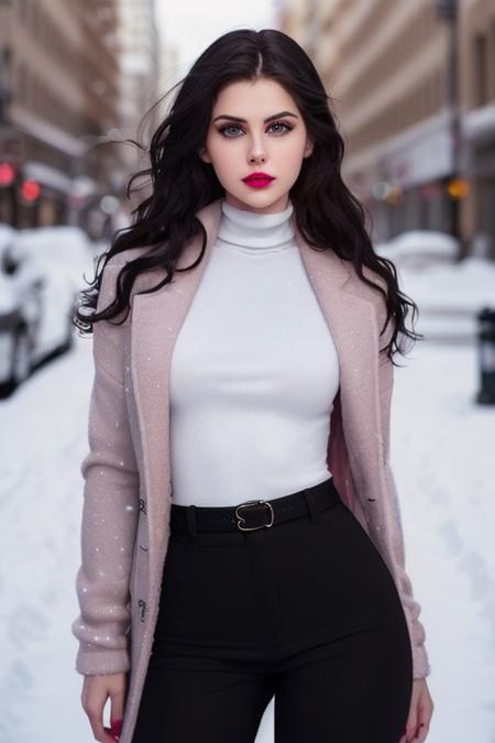 photo of alexdad:0.99, a woman, ((pale skin)), ((long hair, black hair, curly hair)), ((cowboy shot, waist, hips, thighs):1.1), ((turtleneck sweater, heavy coat, snow, city street, pants, fully clothed):1.2), serious, ((detailed face, beautiful face, detailed eyes, beautiful eyes):1.3), ((best quality, masterpiece, extreme details):1.2), ((lipstick, eyeliner, eye shadow):1.2),((beautiful face, beautiful eyes, detailed eyes, detailed face):1.2)