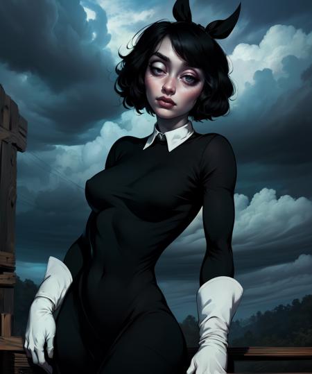 Susie,short hair,bags under eyes,pale skin,wavy mouth,black eyes,(right eye half closed),(left eye open:1.3),
black dress with white collar,black long sleeves,white gloves,black hair ribbon,cowboy shot,
standing,upper body,
night,cloudy,
(insanely detailed, beautiful detailed face, masterpiece, best quality),solo,<lora:Susie-10TO:0.7>,