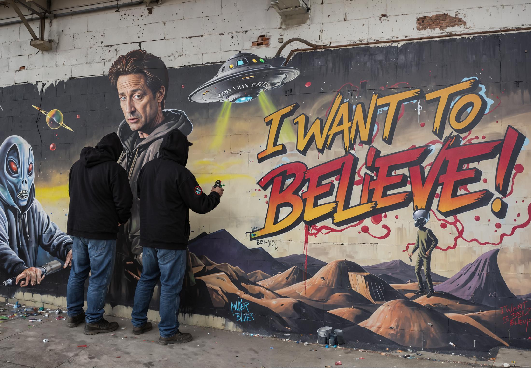 a disused factory with men in hoods spray-painting a multicolored graphiti hip hop intricate fresco with various details made with spray paint on one wall depicting mulder and scully from xfiles in front of a big flying saucer on the ground and an alien , with the big hip hop stylized words written âI WANT TO BELIEVE !â, <lora:graphiti4flux:1> graphiti