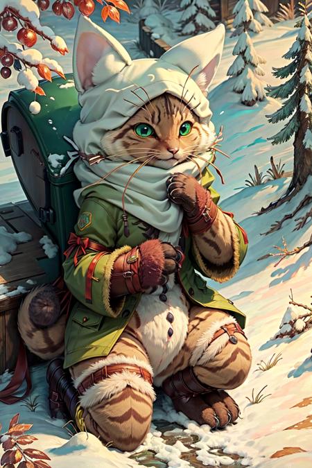 <lora:Race - Palico:0.85> non human, non-human,  highres, detailed, soft lighting, palico [monster hunter], furry, cat ears, paw pose, green eyes, red fur, spotted fur, snow, mountains, winter gear, heavy snow drift, trees,