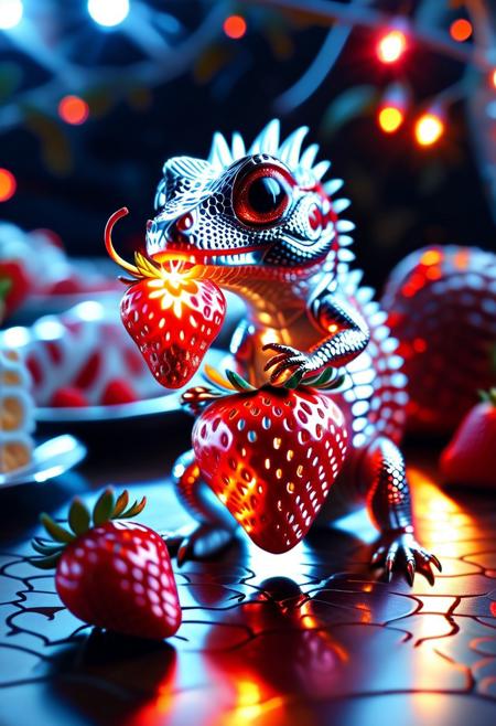tiny lizard made of l1qu1dp34rl and aluminum foil, trying to eat a giant glowing strawberry, ultra-detailed snack confusion, silly wonderland lighting