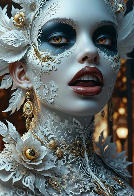 This captivating portrait, created by artists Karol Bak, James Jean, Tom Bagshaw, and inspired by Rococo, features a white-eyed, black-skinned monster with a mouth full of sharp fangs. The attention to detail and sharp focus make this piece stand out, as it trended on ArtStation. The cinematic lighting, hyper-realism, and Octane render contribute to the image's striking appearance.
The 8K, ultra-detailed, and highly detailed portrait showcases vivid and hyper-detailed elements, making it an exceptional piece of art. The combination of these elements creates a visually stunning and thought-provoking image that is sure to captivate viewers with its extraordinary level of detail and artistic prowess.