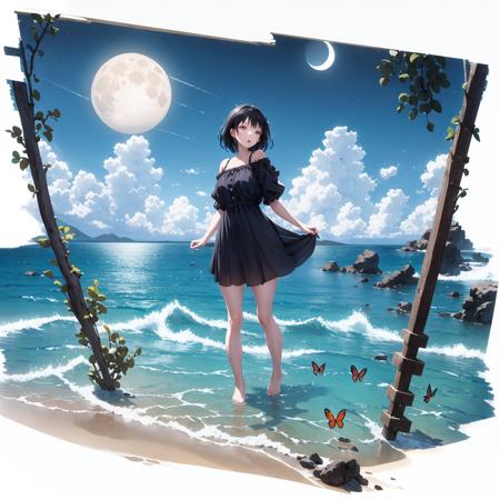 [(white background:1.5)::5], isometric,
1 girl, mid shot, full body, 
standing on ocean, sea waves, water splashes, sky, detailed moon, light particles, butterflies, night, starry sky,
<lora:Gacha Splash wide shot:0.9>