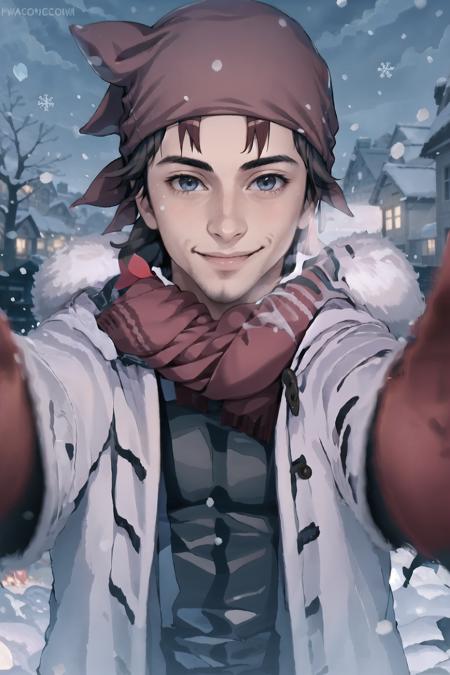 1boy, IncrsChkWarmingMeme, red scarf, pov, smile, closed mouth, <lora:PovCheekWarmingMeme:1>, winter clothes, Ricardo, red bandana on the head, <lora:Char_Sigmas_RicardoMilos:0.9>