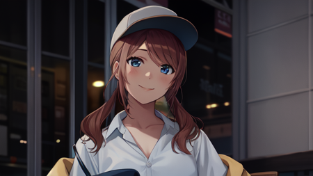 kashiwabaramomo, 1girl, solo, hat, looking at viewer, brown hair, smile, short twintails, shirt, baseball cap