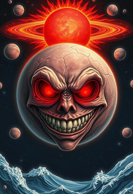 surreal planet face, glowing red eyes, creepy grin, cratered red sphere, cosmic horror, uncanny character, outer space background, fiery halo, exaggerated facial features, moons in orbit, surreal space art, eerie cartoon realism, nightmarish expression,  delicately carved details,pencil shading, dynamic flux, mastery of texture and form, digital painting, dynamic shapes, dynamic composition, predominantly white, rolling waves,Slow shutter speed shot