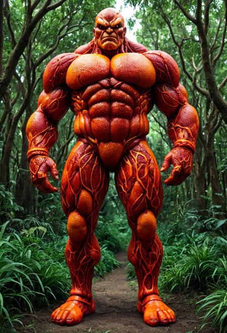 score_9,score_8_up,score_7_up, The image depicts a towering, muscular golem, in blood orange style, entirely made of blood orange, standing majestically amidst a lush, verdant forest. Its form is robust and imposing, with broad shoulders and powerful limbs, intricately detailed with organic-like straw textures. the view emphasizing the grandeur of the forest guardian. The surrounding environment is in natural light, filtering through the dense canopy, creating a mystical and fantastical atmosphere.  <lora:1:1>