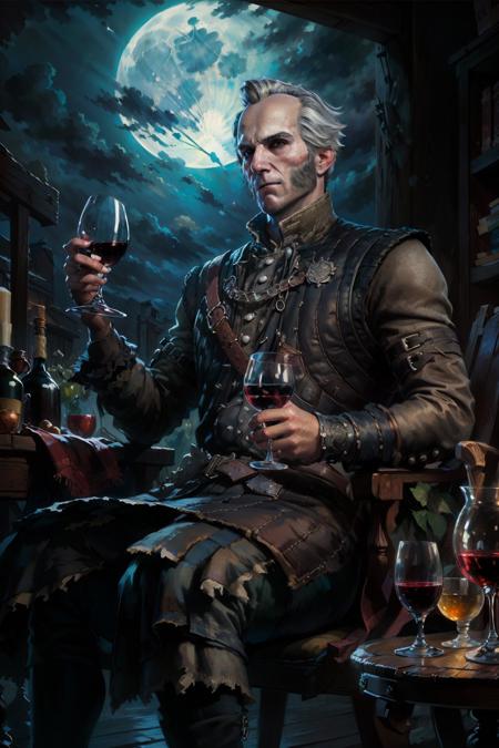 (masterpiece, top quality, best quality, official art, detailed:1.2), <lora:regisW3:0.7>, emielregisW3, sitting, holding, wine glass, grey hair, facial hair, old, night , full moon, clouds, scenery