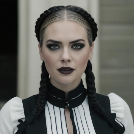 photo of (ohwx woman) as Wednesday Adamas, wearing gothic clothes, braided pigtails, in a castle, sharp focus, looking at the camera, makeup, cinematic look,  <lora:Kate Upton:1>