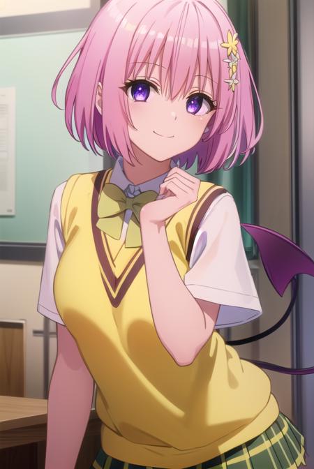 momodevilluke, <lyco:momo deviluke darkness-lyco-nochekaiser:1>,
momo deviluke, demon tail, hair flower, hair ornament, (purple eyes:1.1), pink hair, short hair, tail, smile,
BREAK demon tail, green skirt, plaid, plaid skirt, sainan high school uniform, school uniform, skirt, sweater vest, thighhighs, (yellow sweater:1.5), short sleeves, bow, (green bow:1.5),
BREAK indoors, classroom,
BREAK looking at viewer, (cowboy shot:1.5),
BREAK <lyco:GoodHands-beta2:1>, (masterpiece:1.2), best quality, high resolution, unity 8k wallpaper, (illustration:0.8), (beautiful detailed eyes:1.6), extremely detailed face, perfect lighting, extremely detailed CG, (perfect hands, perfect anatomy),