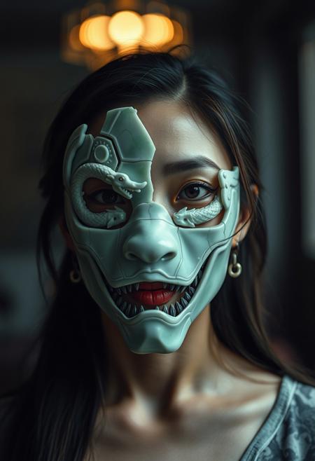 An Asian woman wears a fractured jade porcelain mask with exposed dragons and technological elements underneath, captured as a haunting photograph using a close-up shot, under the dim, focused light of an interior space, emphasizing the blend of fragility and technology and the sense of concealed emotions.