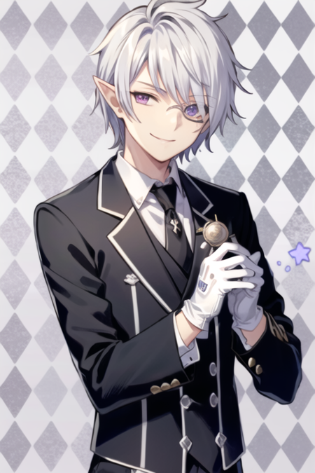 <lora:AddElsword-10:0.5>, edward grenore, solo, looking at viewer, smile, shirt, gloves, 1boy, purple eyes, jacket, upper body, white hair, male focus, necktie, pointy ears, white gloves, formal, suit, black necktie, adjusting clothes, monocle, argyle background, butler