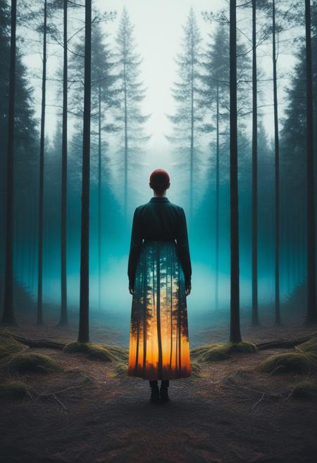 A regal figure standing in an infinite void, their minimalist background infused with liquid, morphing colors, double exposure photography, nature and portrait fusion, emotional atmosphere, surreal silhouettes, soft muted tones, introspective mood, translucent textures, memory and identity, forest and human blend, poetic composition, visual metaphor