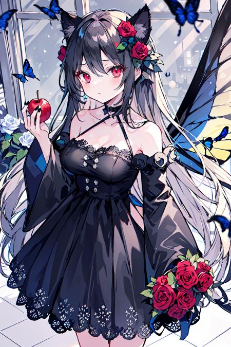 <lora:Onineko:0.8>1girl, solo, food, dress, black dress, holding, long hair, fruit, holding food, apple, rose, animal, black flower, holding fruit, bangs, black wings, bare shoulders, black nails, very long hair, looking at viewer, butterfly, white flower, long sleeves, wings, bug, black cat, red eyes, red apple, breasts, cat, wide sleeves, hair flower, hair ornament, black rose