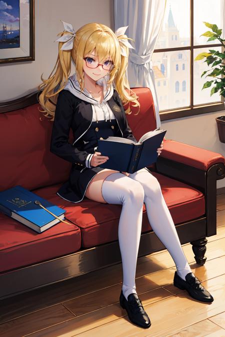 masterpiece, best quality, arimura hinae, purple eyes, hair ribbons, black jacket, black dress, white thighhighs, black shoes, couch, reading a book, red glasses, smirk, indoors <lora:arimurahinae-nvwls-v1-000010:0.9>