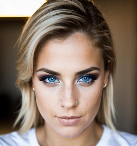 photo,8k,sharp focus,beautiful woman,close up,t-shirt,(detailed eyes:0.8),(looking at the camera:1.4),(highest quality),(best eyeshadow),brown eyes,rim lighting,two tone lighting,dimly lit,low key,intricate details,interior, blonde hair:1.3,freckles