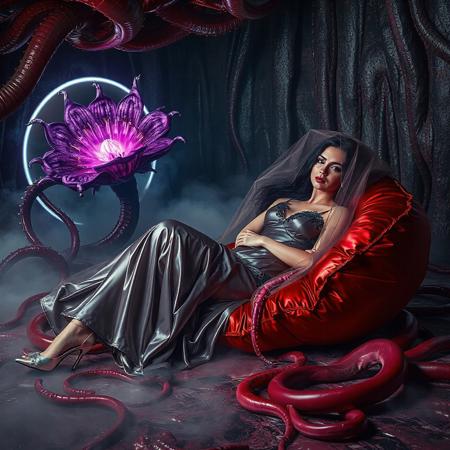 classy rich slender elegant russian baroness in glossy liquid satin provocative rich 1950s nightgown with lace inserts   and  glossy high heels, entangled in long tentacles, laying  reclined in weird red foil pillows, covered with giant ultrathin transparent glossy slime veils, under tantacles canopy,  giant portal to outer space, fog from the floor, giant purple alien carnivorous flower with glossy spiked petals at background, weird alien hive slime walls and fleshy floor, horror, fashion look, hollywood, vogue makeup, long haired, ultrathin waisym reminiscent of H.R. Giger, Zdzisław Beksinski, and Ash Thorp's dark, sleek styles, with close-up glamour photography, glossy satin and silver heels glistening, fleshy slime dripping, and dark shadows.