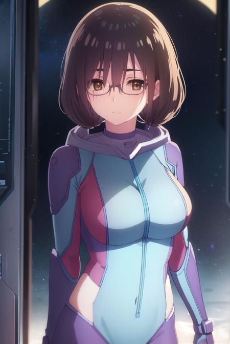 yunhua lu, black hair, (brown eyes:1.5), twintails, low twintails, hair between eyes, glasses, mole, mole under mouth, bodysuit, pilot suit, spacesuit, purple bodysuit,