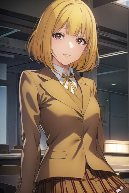 hanamidorikawa, <lora:hana midorikawa s1-lora-nochekaiser:1>,
hana midorikawa, short hair, bangs, (yellow hair:1.5), (brown eyes:1.5), blunt bangs, smile, grin,
BREAK skirt, school uniform, jacket, pantyhose, plaid, plaid skirt, blazer,
BREAK indoors, classroom, school,
BREAK looking at viewer, (cowboy shot:1.5),
BREAK <lyco:GoodHands-beta2:1>, (masterpiece:1.2), best quality, high resolution, unity 8k wallpaper, (illustration:0.8), (beautiful detailed eyes:1.6), extremely detailed face, perfect lighting, extremely detailed CG, (perfect hands, perfect anatomy),