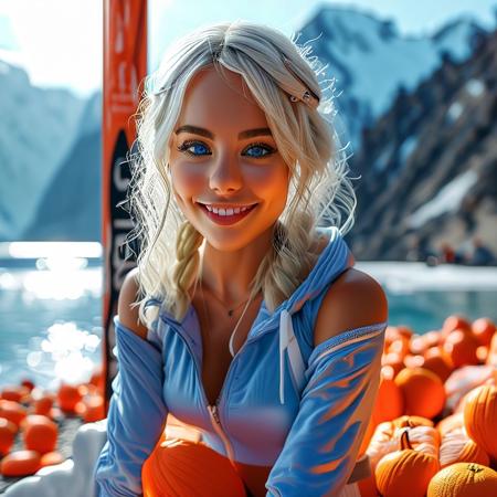 ((Generate hyper realistic image of captivatin indoor scene featuring a beautiful cute smiling   girl with white blonde hair, pale blue eyes, masterpiece, (intricate details) highly detailed, vibrant, production film, ultra high quality, photography style, Extremely Realistic, (((Dramatic light))), mountain scenery, outdoor, daylight, orange gym clothes, facing the camera