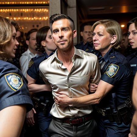 one man, handsome fit shaved head in a silk shirt, handcuffed,  (arrested by two  women cops in uniform) in the middle of a cocktail party , partygoer crowd in background, cop in foreground <lora:handcuffed:0.5>