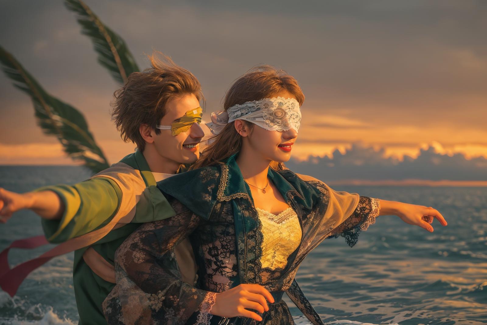 A man and a woman are sailing a boat wearing blindfolds.