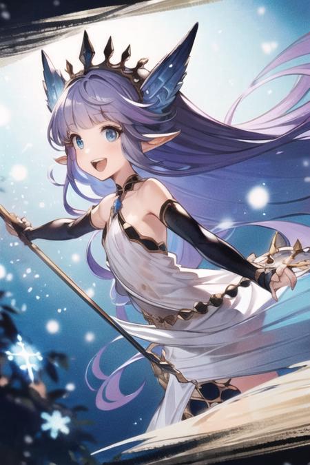 masterpiece,best quality,detailed, <lora:lily-Counterfeit-V3.0:1>, solo, 1girl, field of deapth, lily_\(granblue_fantasy\), granblue fantasy, pointy ears, shilver hair, very long hair, hair ornament, blue eyes, small breasts, collarbone, outstretched arms, white dress, skirt, black thighhighs, black elbow gloves, smile, looking at viewer, winter, holding staff, dynamic perspective,