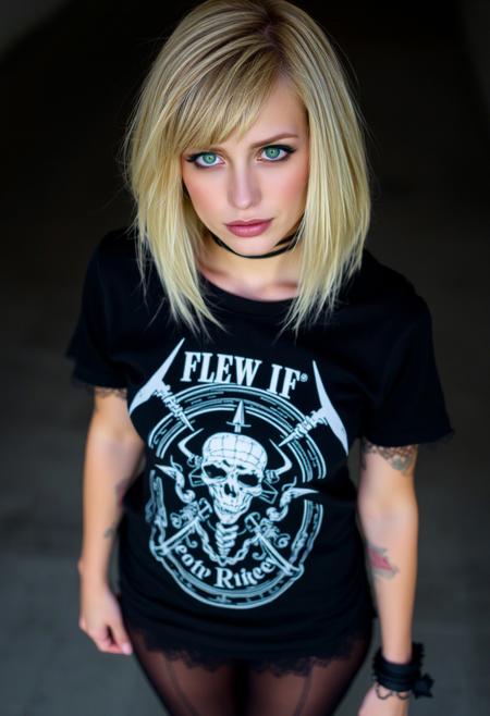 woman, blonde bobcut hair, parted half hair, green and blue eyes, eyeliner, gothic, wearing black heavy metal band t-shirt and black hotpants, black pantyhose, slender body, long legs, standing,