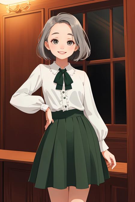 female Young adult, Robust, Russian, Gray eyes,  Straight Nose,   Unique Cheeks, High Forehead, Diamond face shape,   , Green Choppy haircut hair, Smile wearing Patchwork Pleated skirt,  Ruffle sleeve blouse, , ,  and, Standing with hands in front, suggesting submission