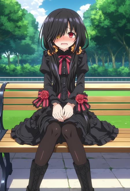 kurdef, long hair, black hair, twintails, red eyes, yellow eyes, clock eyes, heterochromia, bare shoulders, detached sleeves, choker, red dress, cleavage, bow, black thighhighs, lace-up boots, kurdress, long hair, black hair, red eyes, hair over one eye, low twintails, black dress, long sleeves, hair bow, hair flower, knee boots, black footwear, pantyhose,  kurng, long hair, black hair, twintails, red eyes, hair over one eye, yellow eyes, heterochromia, clock eyes, anime screencap, anime coloring,