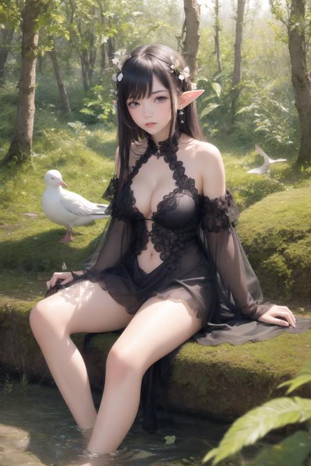 1girl, animal, bangs, bare_arms, bare_shoulders, bird, blush, breasts, bug, butterfly, cleavage, covered_navel, dove, dress, elf, forest, long_hair, looking_at_viewer, medium_breasts, nature, outdoors, pointy_ears, purple_eyes, seagull, sitting, soaking_feet, solo, water, white_dress))
Visual effects:movie lights, ,((masterpiece)),best quality,high resolution illustrations,particle effect,((very detailed CG)),((masterpiece))absurd,intricate details,((8k_wallpaper))<hypernet:yukoring:0><lora:Cornflower-000001:0>