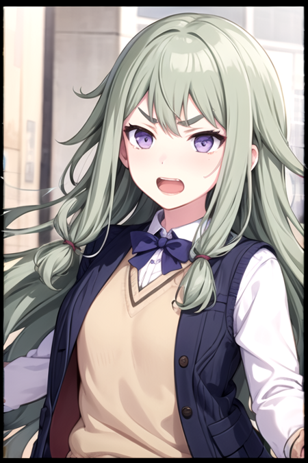 nene, 1girl, solo, long hair, open mouth, shirt, long sleeves, very long hair, purple eyes, white shirt, upper body, sidelocks, green hair, teeth, vest, sweater, v-shaped eyebrows, low-tied long hair, sweater vest, black border<lora:NotKyo:0.7>