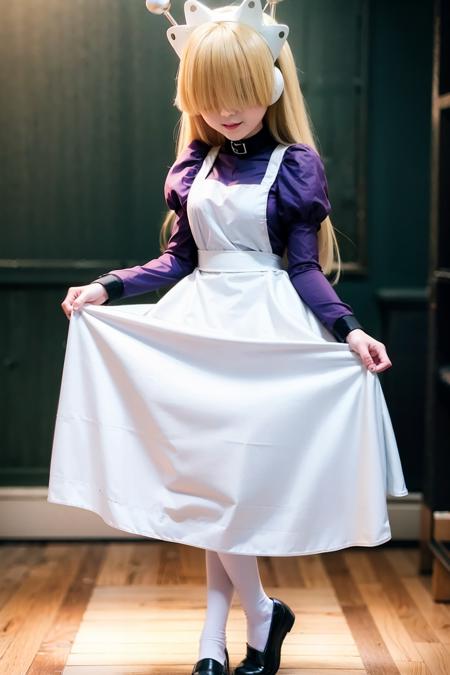 masterpiece, best quality, <lora:TesseLombrozo:1>,1girl, solo, hair over eyes, blonde hair, long hair, maid, apron, full body, long sleeves, maid headdress, white pantyhose, robot ears, dress, bangs, blunt bangs