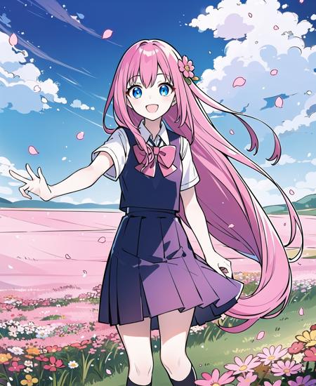 masterpiece, best quality, high resolution, dlss, petite, 1girl, solo, pink hair, very long hair, school uniform, happy, outdoors, flower field, excited