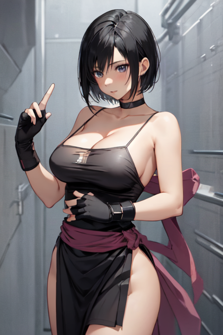 ShienEcstasy, 1girl, solo, short hair, large breasts, black hair, gloves, taut shirt, cleavage, choker, fingerless gloves, pelvic curtain, bare shoulders, 