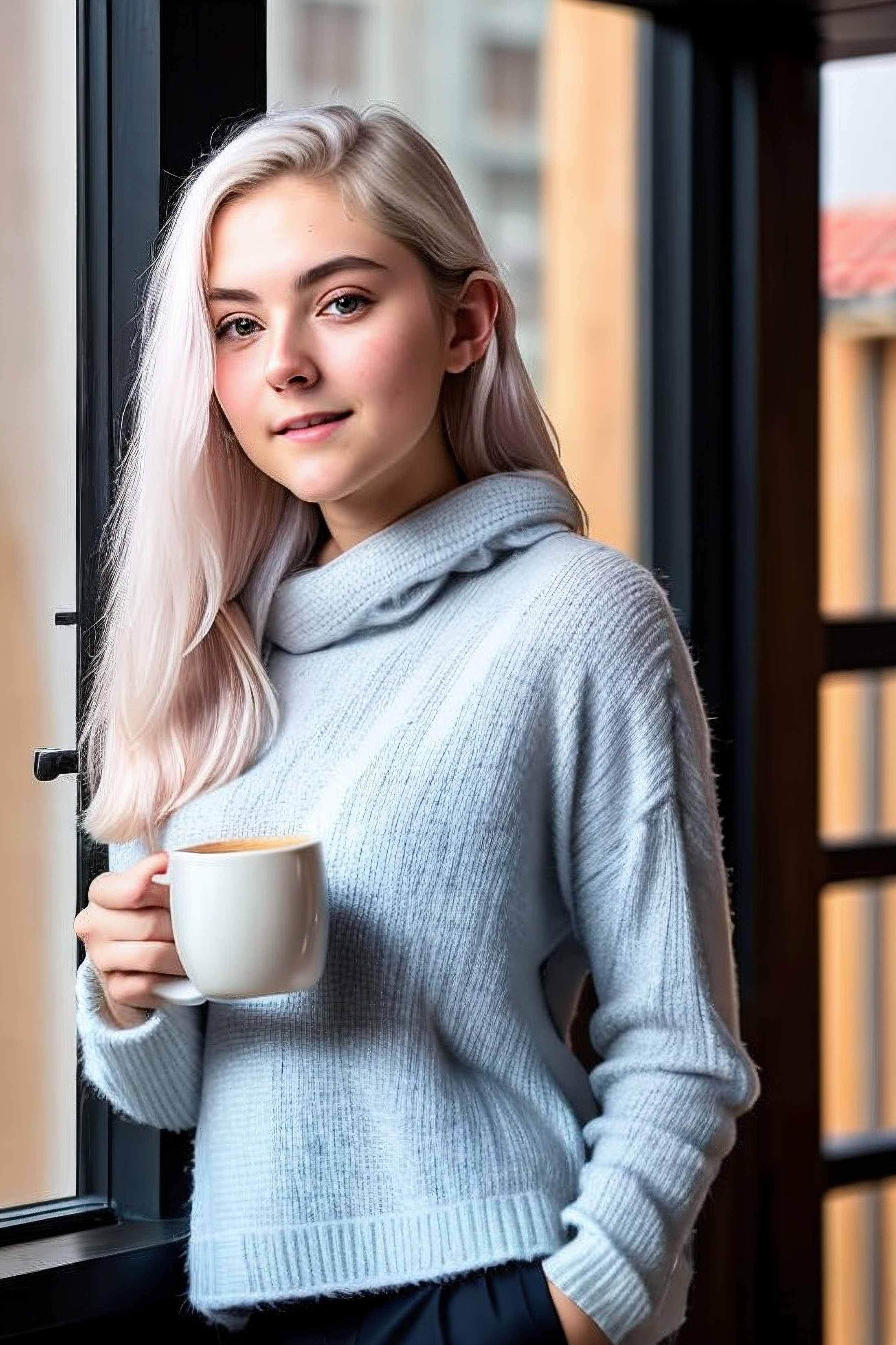 RAW photo, a photo of evaelfie00 drinking a hot coffee while wearing winter clothes, background is a city in winter, (high...