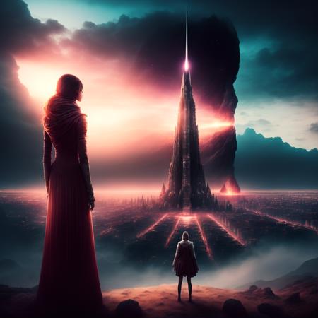 photo Epic Composition, massive scale a woman stands observing the distant mega Spire city in the distance (SpireCity style:1) <lora:djzSpireCity:0.8)