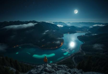 POV, on top of a mountain, looking down from mountain top, geological basin at the base of mountain, rivers leading to basin from mountains, basin surrounded by mountains, shore line, trees, clear blue water, cloud streams, mist over basin, at night, dark, moon, moon light, glowing orbs in air around basin, glowing orbs under water surface, stars, night sky, nebula, moons in sky, glowing in the forest, orange glow,