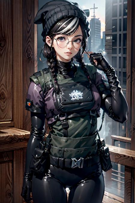 masterpiece, high quality cg, anime, illustration, best quality, 1girl, bound, bondage, beautiful face, detailed face, cowboy shot, dokkaebi, 1girl, solo, looking at viewer,  black hair, braid, glasses, black gloves, belt, pants, black eyes, twin braids, streaked hair, black headwear, bodysuit, black pants, round eyewear, black bodysuit, beanie, hair behind ear, <lora:Dokkaebi:0.9>