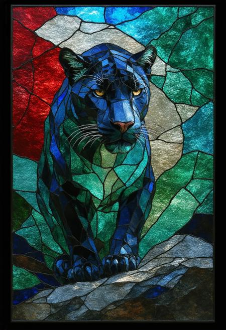 A mesmerizing and powerful depiction of a panther, rendered as a fractured stained-glass Cubist masterpiece. Presented in a front view, the panther's form is deconstructed into a dynamic arrangement of geometric shapes, each shard catching and reflecting light in an otherworldly glow. The color palette vibrates with deep jewel tones â emerald green, sapphire blue, and ruby red â contrasted by stark black outlines and luminous white highlights. Multiple perspectives converge, revealing the pantherâs posture from different angles, emphasizing its inherent grace and predatory intensity. Subtle photorealistic detailsâthe glint of its eyes, the texture of its fur, the subtle tension in its musclesâare seamlessly integrated with the fractured geometry, creating a paradoxical sense of realism and abstraction. A soft, radiant glow emanates from within the stained-glass elements, intensifying the sense of mystery and power. Ultra detailed, 8k resolution, volumetric lighting, octane render, a visually stunning and emotionally resonant composition, embodying the spirit of the wild.