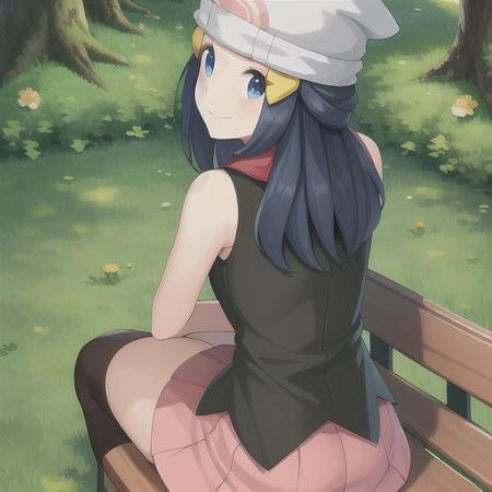 <lora:character_pokemon_dawn_v2:0.5> forest, 1girl, character_pokemon_dawn, solo, sitting, on bench, hands on own thighs, from behind, from above, looking back, looking at viewer, smile, closed mouth, beanie, hairclip, sleeveless shirt, skirt, kneehighs, scarf