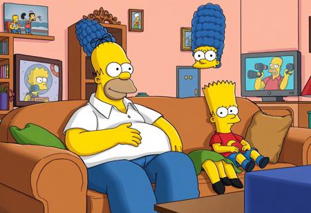 Create a realistic image of a family sitting together in a cozy living room. The scene should feature a middle-aged man with a round body, wearing a white shirt and blue pants, sitting on a sofa. He should have a bald head with a few strands of hair on top and a distinct overbite, resembling Homer Simpson. Next to him, on the sofa, is a woman with blue hair styled in a beehive, dressed in a green dress—this is Marge Simpson. Also on the sofa is a young boy with spiky hair and a red t-shirt, who should resemble Bart Simpson. The background should include a TV screen showing a cartoon, and the room should have a warm, inviting feel with typical living room furniture and decorations