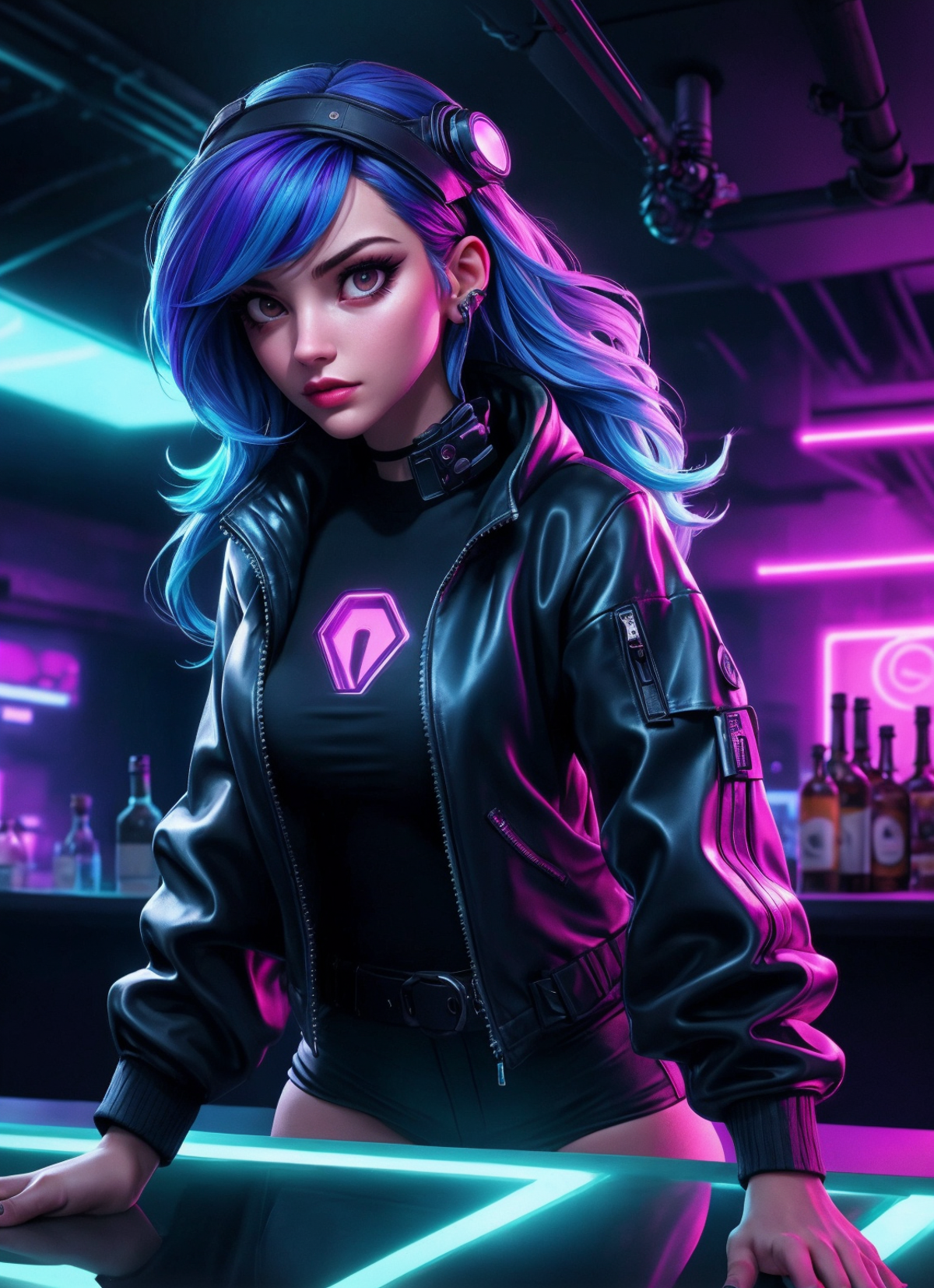 A cartoon image of a woman wearing a black leather jacket, with her hand on her hip and a purple hairstyle. She has a pink light in the background and is standing in front of a bar with several bottles visible.