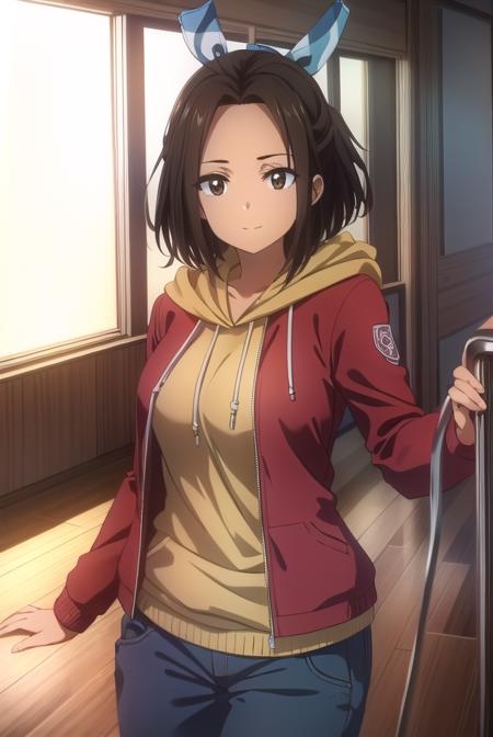 hikarihazakura, <lora:hikari hazakura s1-lora-nochekaiser:1>,
hikari hazakura, black hair, (brown eyes:1.3), hair ribbon, dark skin, dark-skinned female, smile,
BREAK jacket, pants, hood, hoodie, (red jacket:1.3),
BREAK indoors, classroom,
BREAK looking at viewer, (cowboy shot:1.5),
BREAK <lyco:GoodHands-beta2:1>, (masterpiece:1.2), best quality, high resolution, unity 8k wallpaper, (illustration:0.8), (beautiful detailed eyes:1.6), extremely detailed face, perfect lighting, extremely detailed CG, (perfect hands, perfect anatomy),