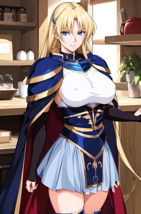 in a kitchen
Standing at attention,diffraction_spikes, glint,sparkle,
Blue armor, shoulder armor, armored dress, armored boots, Skirt,blue_cape,
<lora:Sharon_Words_Worth-KK77-V1:0.7>,
blonde_hair,long_hair,blue_eyes,
1 girl, 20yo,mature female,Beautiful Finger,Beautiful long legs,Beautiful body,Beautiful Nose,Beautiful character design, perfect eyes, perfect face,
looking at viewer,  (big_eyes:1.0),(Light_smile:0.7),
NSFW,official art,extremely detailed CG unity 8k wallpaper, perfect lighting,Colorful, Bright_Front_face_Lighting,
(masterpiece:1.0),(best_quality:1.0), ultra high res,4K,ultra-detailed,
photography, 8K, HDR, highres, absurdres:1.2, Kodak portra 400, film grain, blurry background, bokeh:1.2, lens flare, (vibrant_color:1.2)
(Beautiful,large_Breasts:1.4), (beautiful_face:1.5),(narrow_waist),