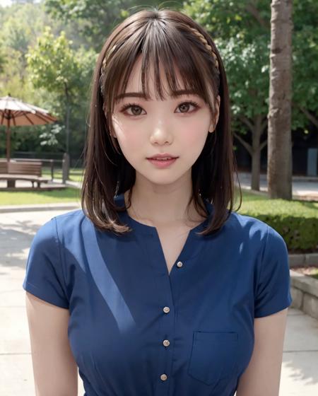 pureerosface_v1, best quality, photorealistic, 8k, high res, full color, 1girl, woman, 20 years old woman, (closed mouth), (skindentation), (portrait:0.6), trees, park bench, daylight, ((park background:1.52)), full color, ((bluebuttonedshirt:1.58)), looking at viewer:1.8, (1girl eyes looking at viewer:1.55), (medium hair, brownhair, partedbangs:1.45), (bokeh), <lora:AAV-mio:0.69>